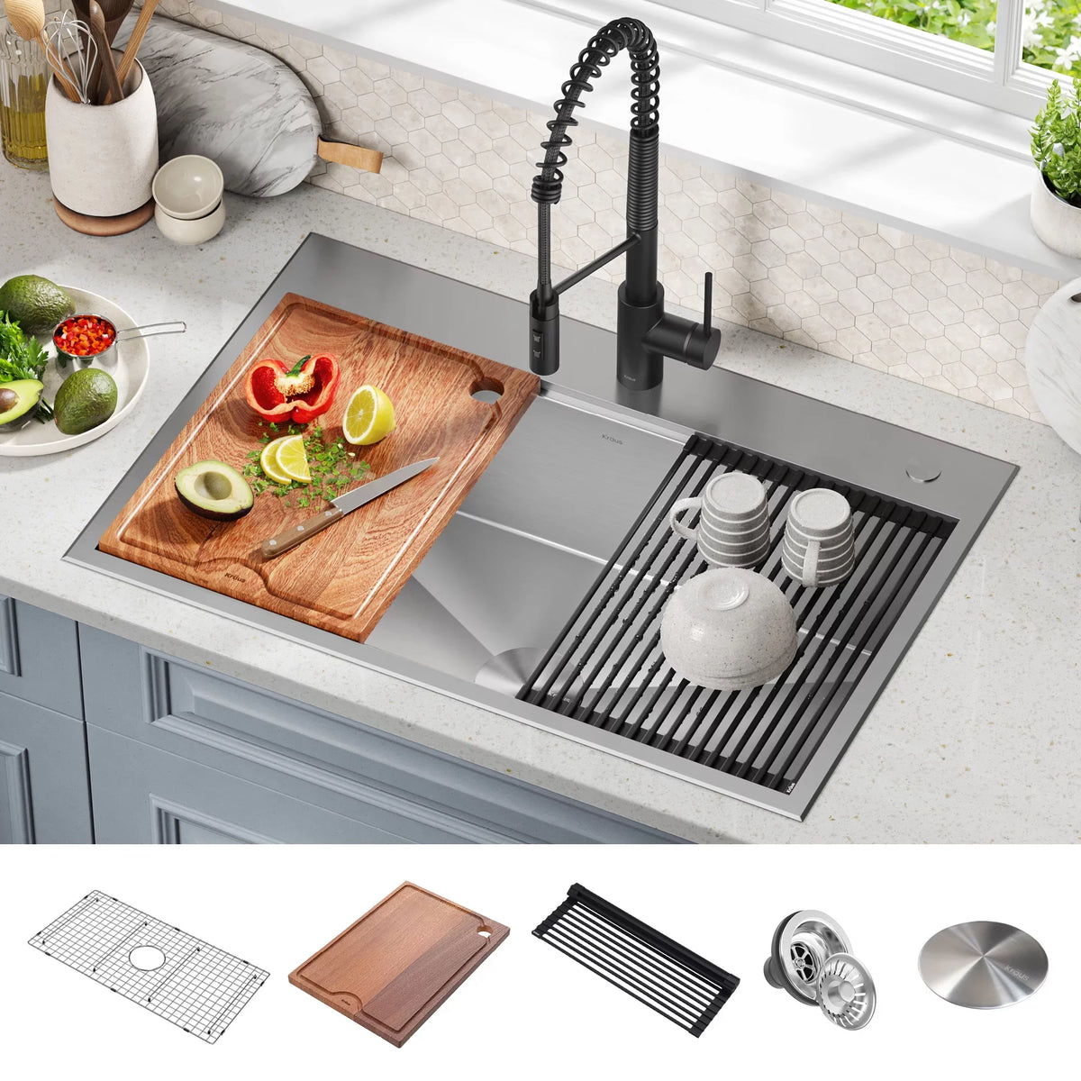 Drop-In / Undermount Workstation16 Gauge Stainless Steel Single Bowl Kitchen Sink with Accessories. Kraus Kore 33 in
