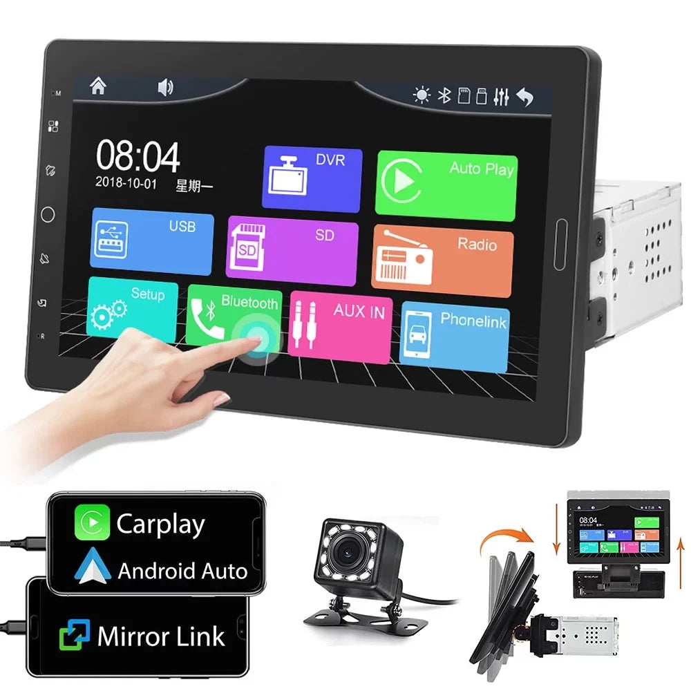 Podofo Single 1 Din 10.1'' Car Stereo Radio  Carplay Android Auto IPS Touch Screen 10 inch Car MP5 Player Bluetooth Mirror Link FM TF Card USB,with Rearview Camera