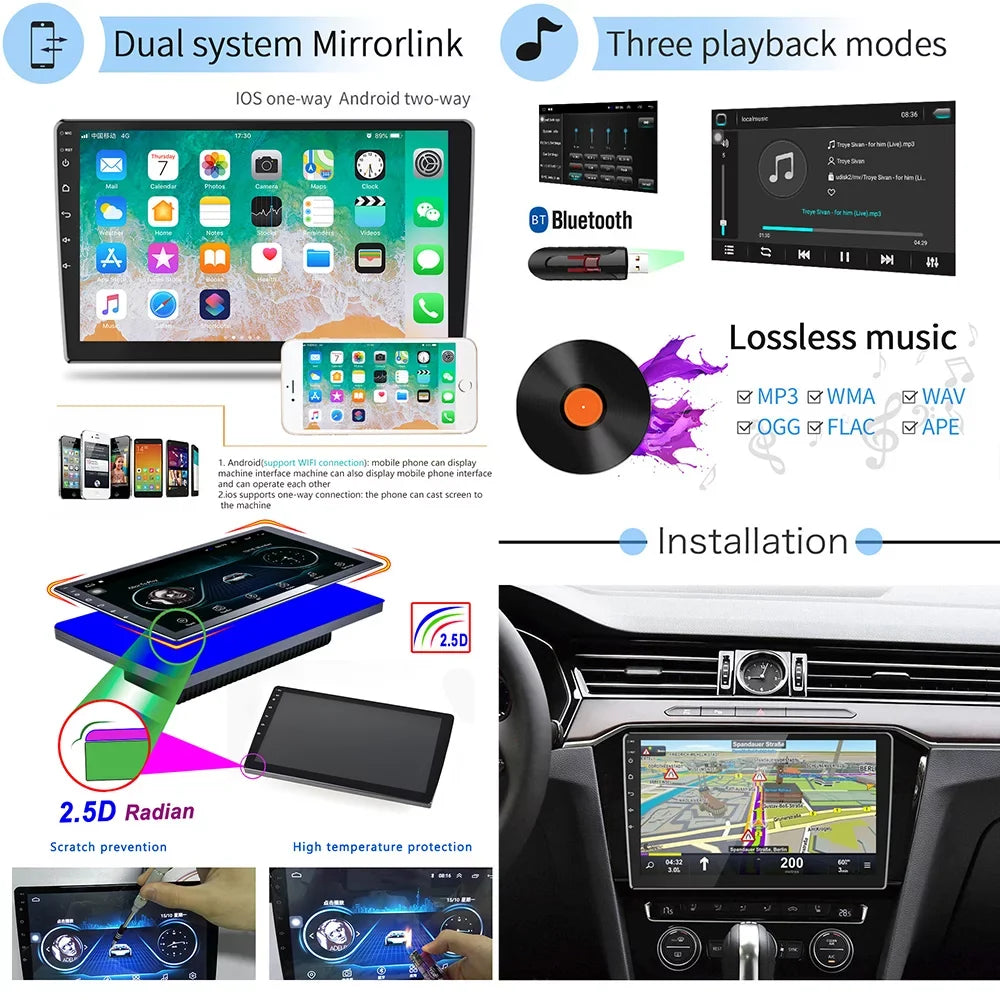 Podofo Double Din 10 inch Car Stereo 10.1 inch Android 11 Car MP5 Player HD Touch Screen Car Radio Bluetooth Mirror Link GPS with AHD Rear View Camera