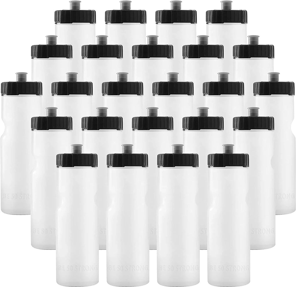 50 Strong 22 oz Clear and Black Squeezable Plastic moisture Bottles with Wide Mouth and Pull Top Lid (24 Pieces)
