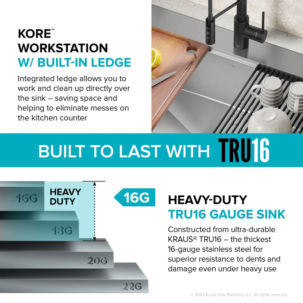 Drop-In / Undermount Workstation16 Gauge Stainless Steel Single Bowl Kitchen Sink with Accessories. Kraus Kore 33 in