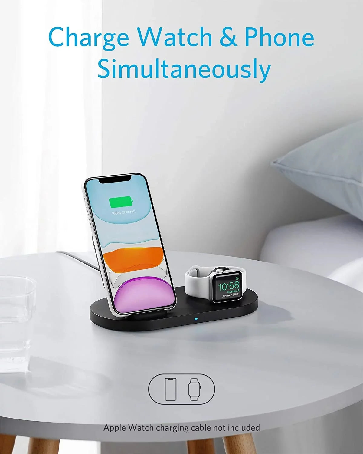 Anker Wireless Charging Station with QC Charger, PowerWave Sense 2-in-1 Stand with Watch Charging Holder for  Watch SE/6/5/4/3/2/1, iPhone SE 2020, 11, 11 Pro (Watch Charging Cable Not Included)
