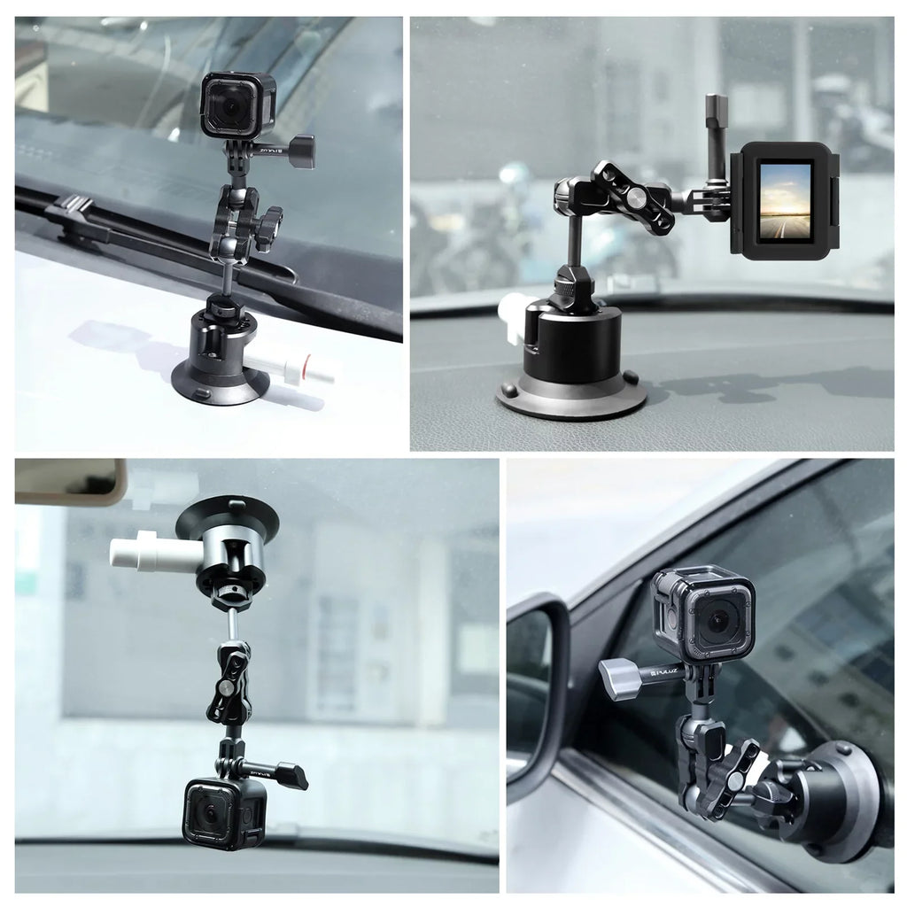 PULUZ PU845B Suction Cup Mount for Action Camera Suction Camera Mount Bracket Dual 360° Rotatable Ballheads Replacement for GoPro Hero 11/10/9/8, Osmo Action 3/2