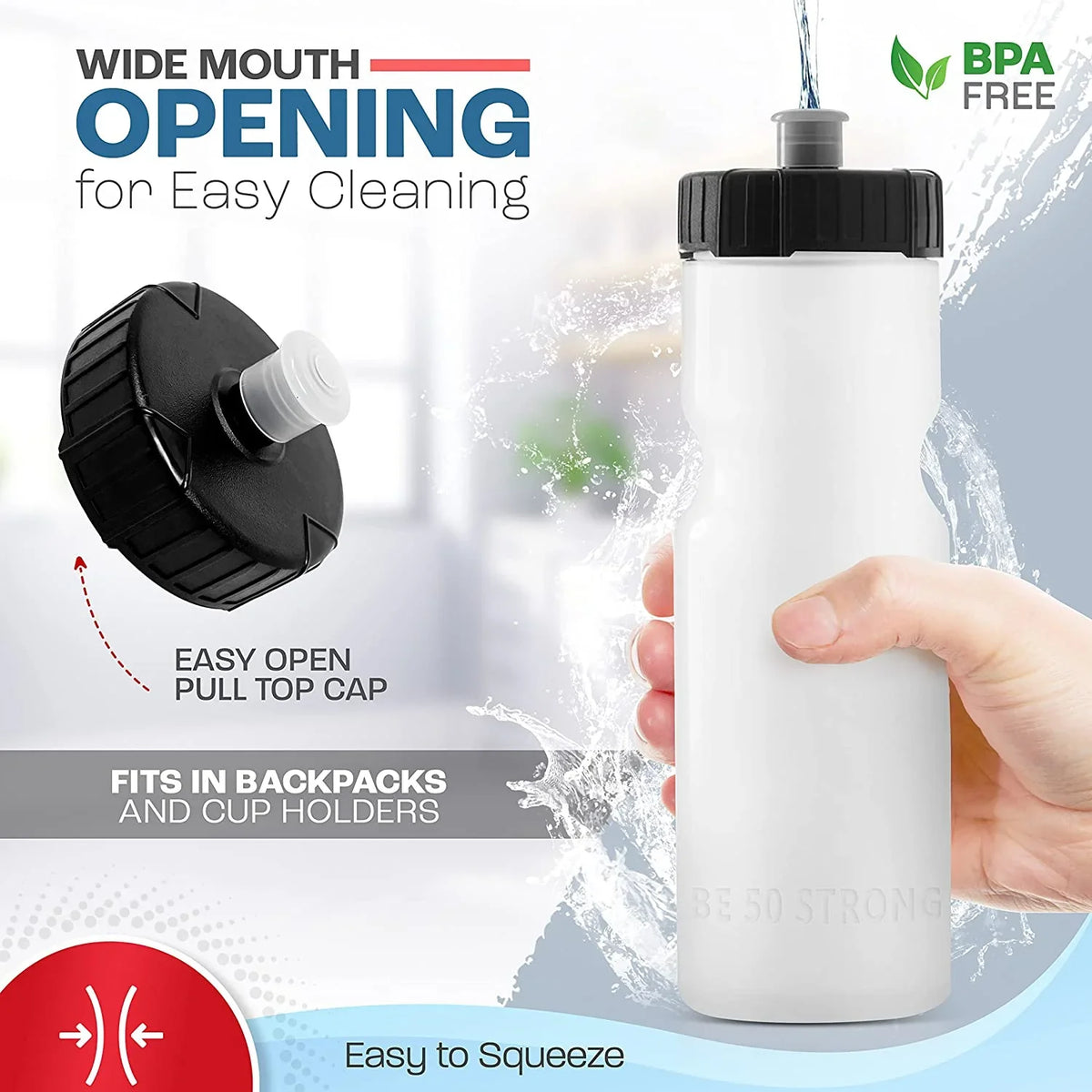 50 Strong 22 oz Clear and Black Squeezable Plastic moisture Bottles with Wide Mouth and Pull Top Lid (24 Pieces)
