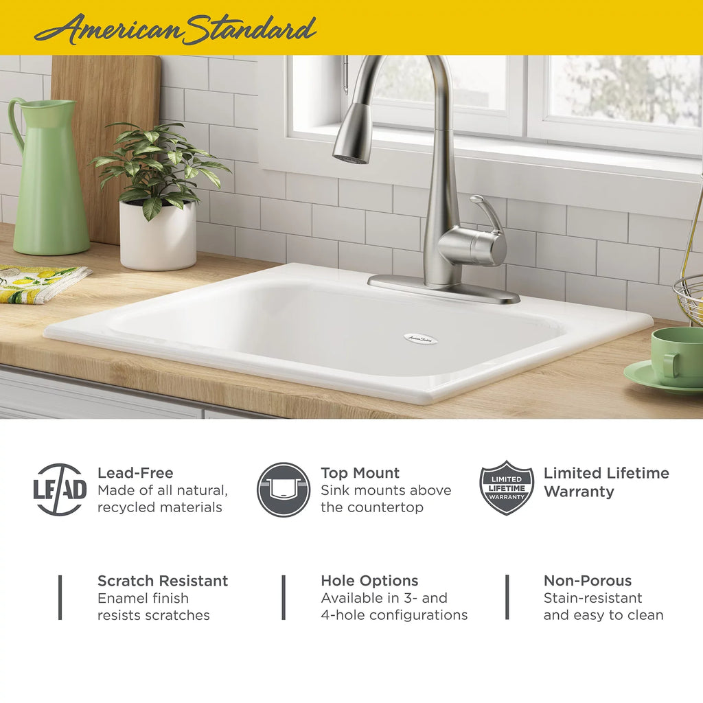 3-Hole Single Bowl Kitchen Sink in Brilliant White. American Standard Quince Drop-in Cast Iron 25 in