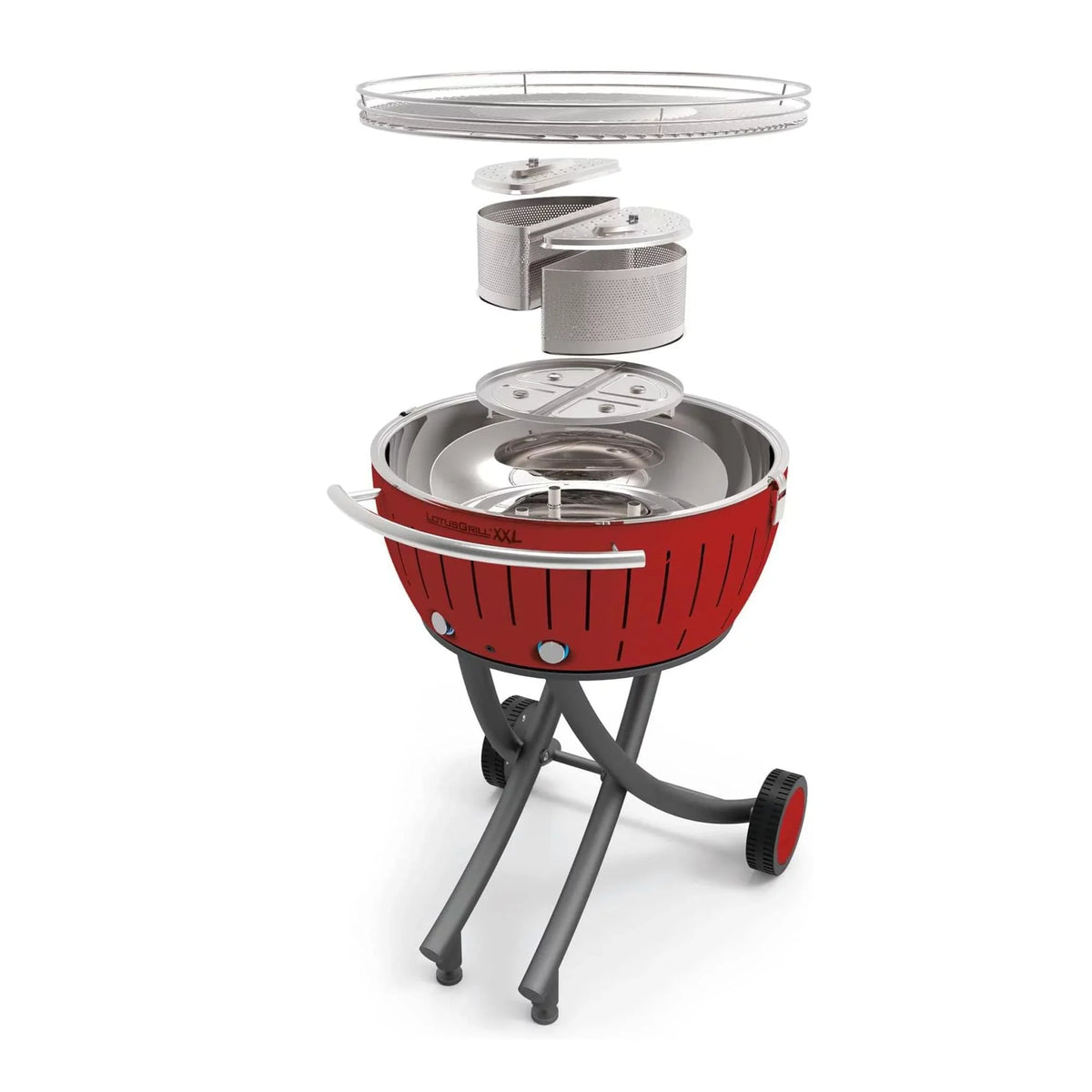 LotusGrill Smokeless Barbecue for Outdoor Dining with Glass Lid shield and Stand - Red