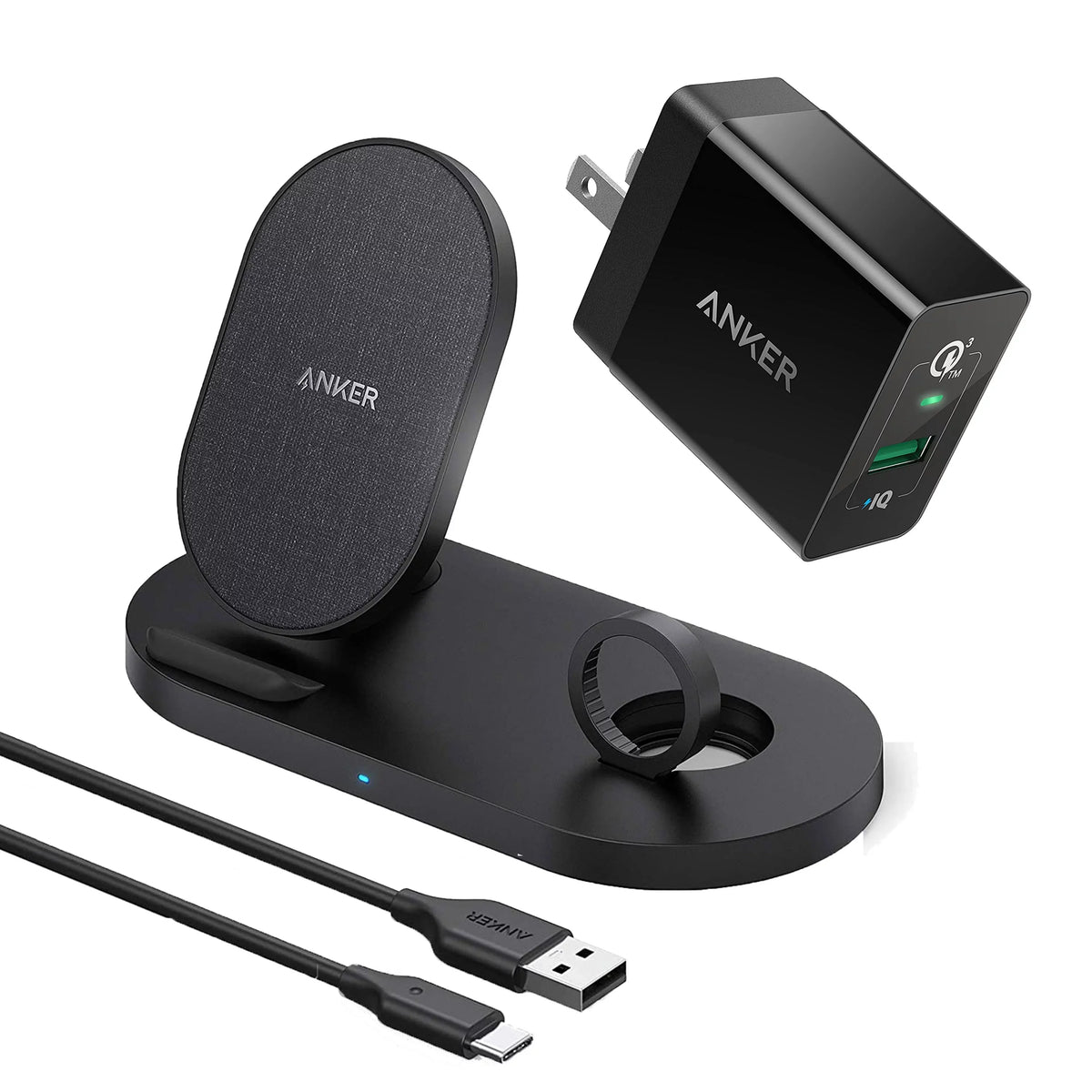 Anker Wireless Charging Station with QC Charger, PowerWave Sense 2-in-1 Stand with Watch Charging Holder for  Watch SE/6/5/4/3/2/1, iPhone SE 2020, 11, 11 Pro (Watch Charging Cable Not Included)