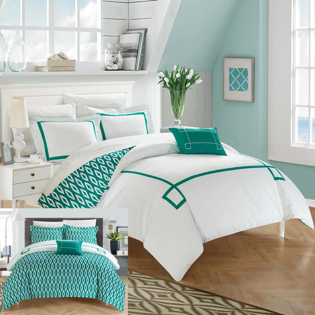 Chic Home 4 Piece Kendall Contemporary Greek Key Embroidered Reversible King Duvet protector Set Aqua Shams and Decorative Pillows Included