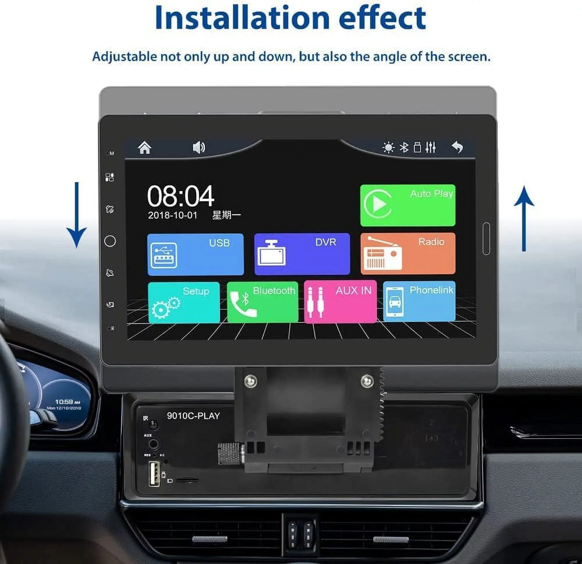 Podofo Single 1 Din 10.1'' Car Stereo Radio  Carplay Android Auto IPS Touch Screen 10 inch Car MP5 Player Bluetooth Mirror Link FM TF Card USB,with Rearview Camera