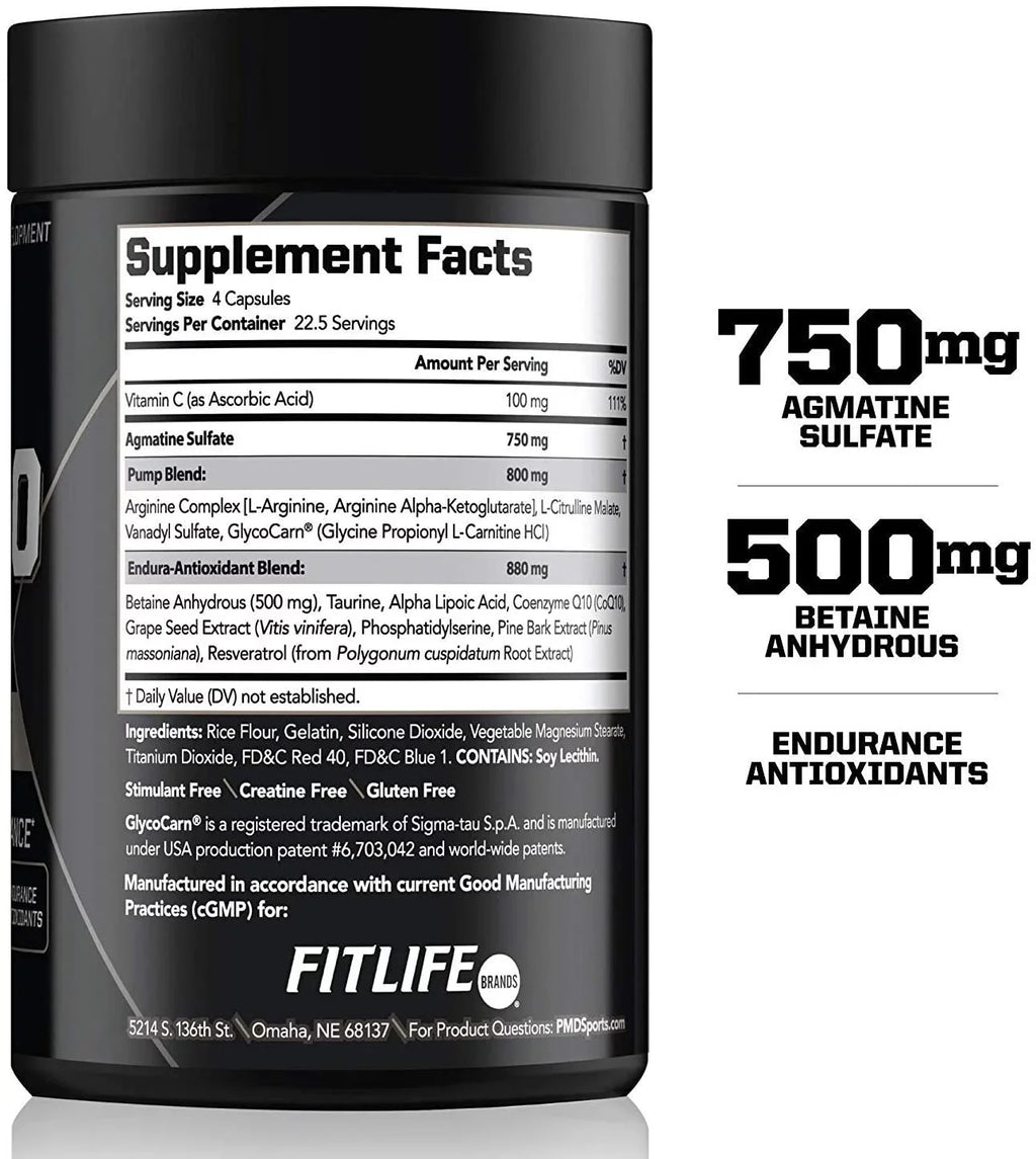PMD Sports Nitro cm - Nitric Oxide with Agmatine Pre Workout Supplement - Muscle Growth Pre-Workout with L Arginine - Endurance Boost for Hardcore Exercise, Training, and Bodybuilding - (90 Capsules)