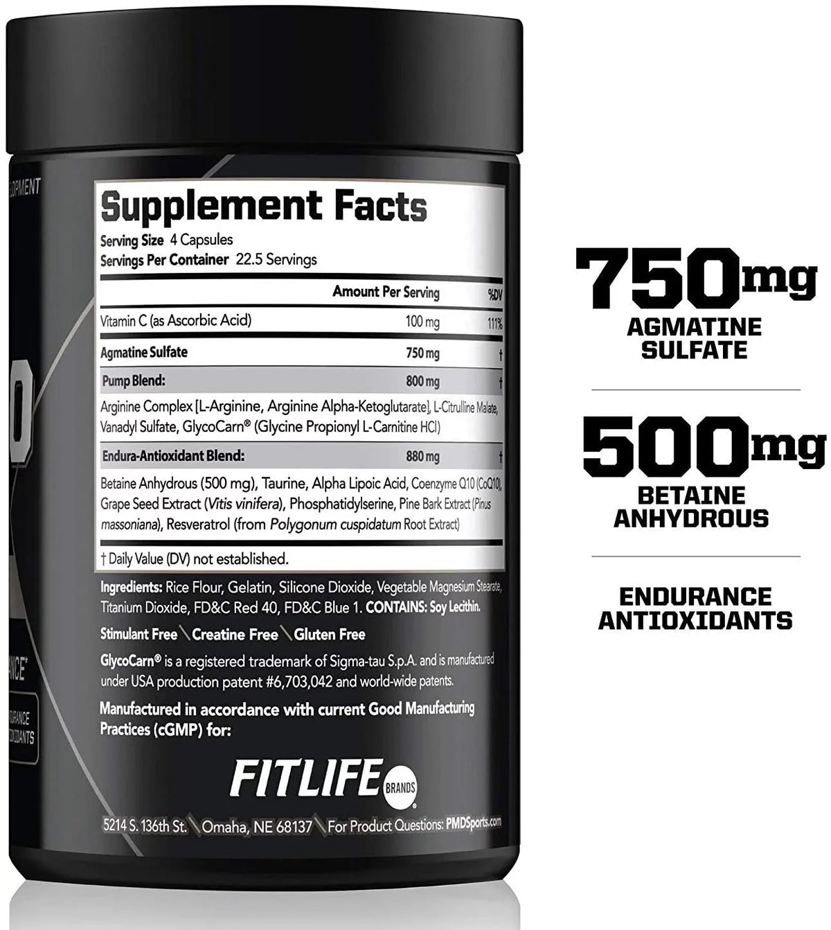 PMD Sports Nitro cm - Nitric Oxide with Agmatine Pre Workout Supplement - Muscle Growth Pre-Workout with L Arginine - Endurance Boost for Hardcore Exercise, Training, and Bodybuilding - (90 Capsules)