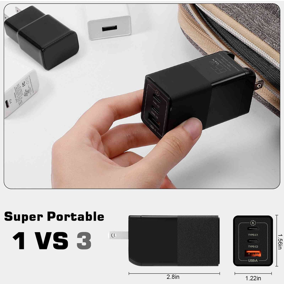 UrbanX 65W Fast Travel Charger with 3 Ports - USB & Dual USB-C - High-Speed Charging matching with Coolpad Cool S1, iPhone,  Galaxy, Google Pixel, MacBook, Steam Deck, Laptops & Phones