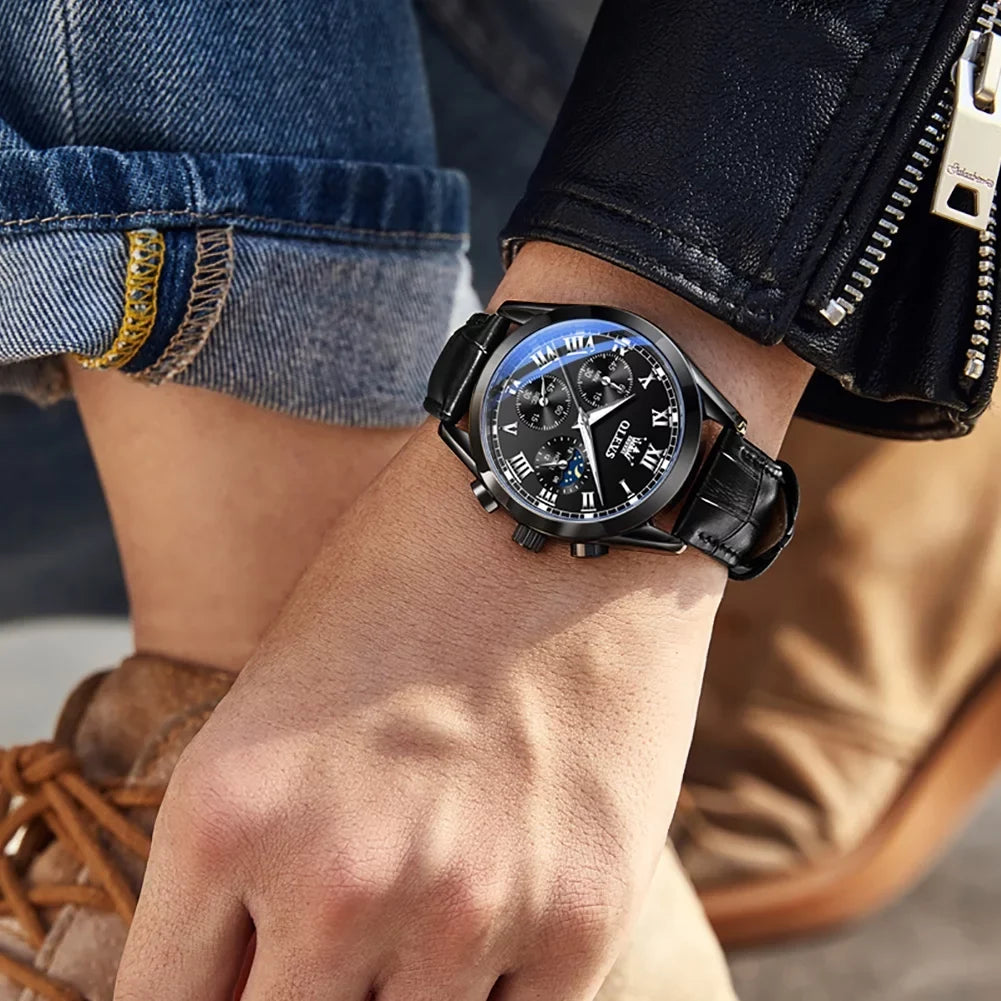 OLEVS Chronograph Watches for Men Luxury Classic Business Sports Mens Watches with Waterproof Luminous Analog Quartz Leather Strap Reloj, Male Wristwatch