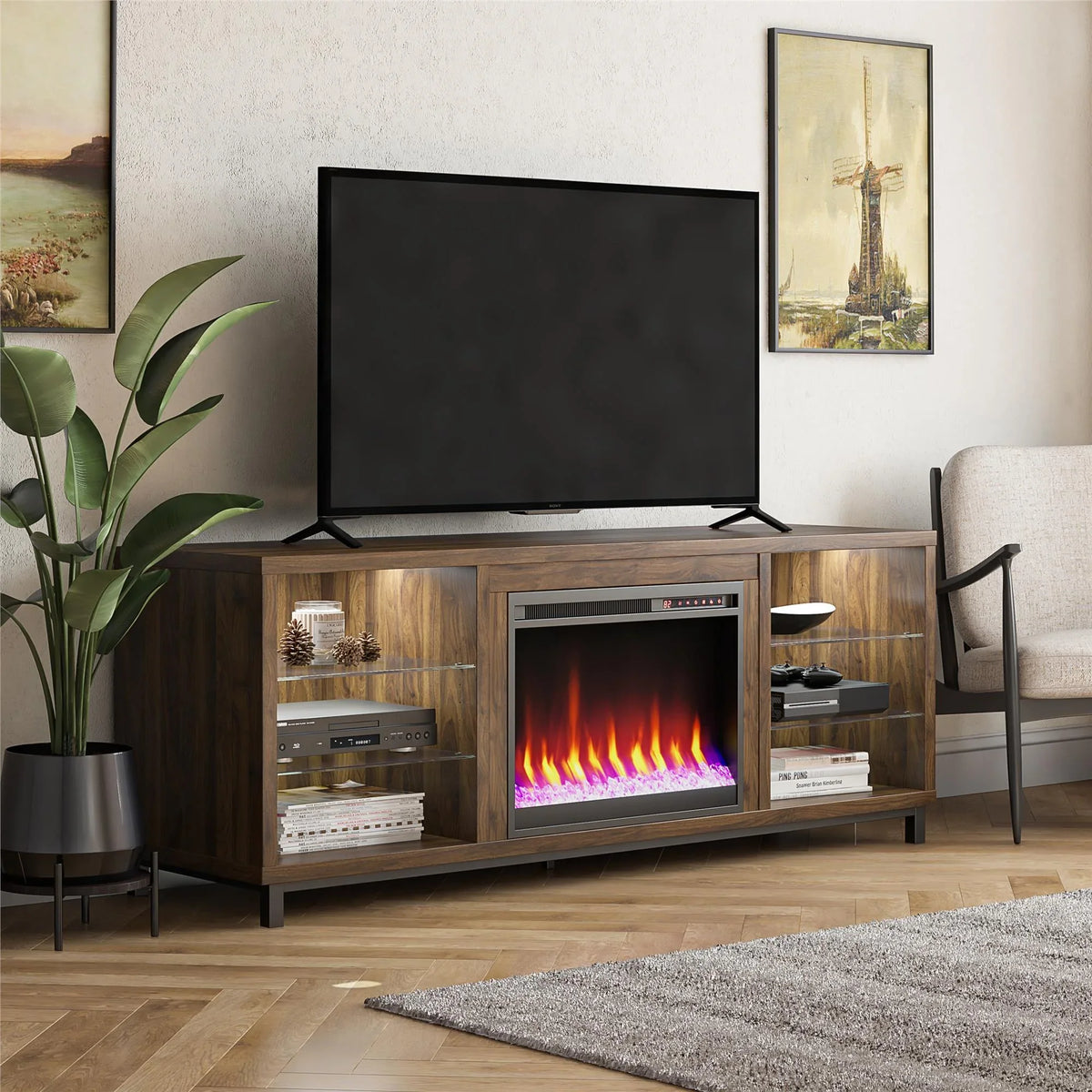 Ameriwood Home Lumina Deluxe Fireplace TV Stand for TVs up to 70" in Black