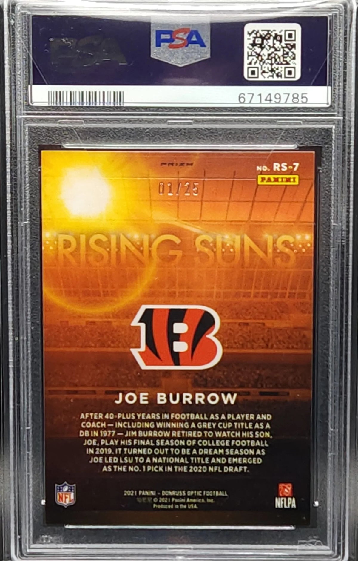 Joe Burrow Bengals 2021 Donruss Optic Rising Suns Purple Stars #1/25 Card PSA 9