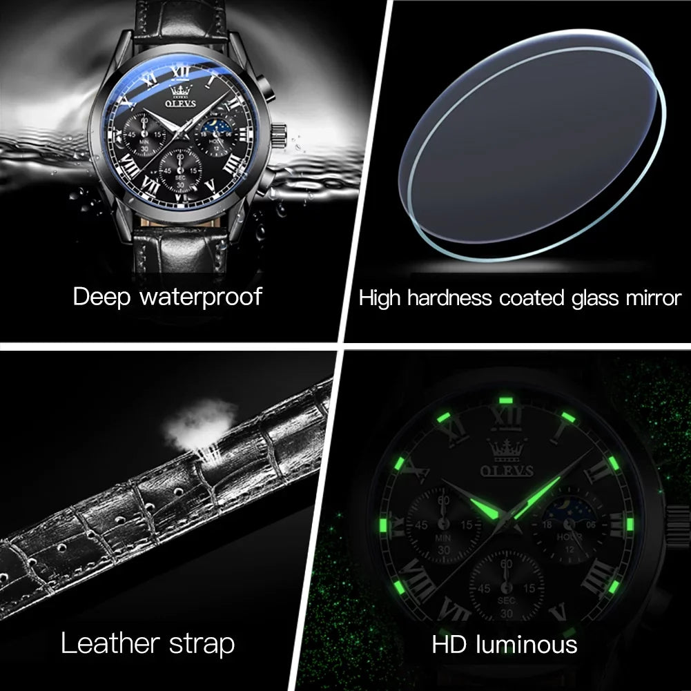 OLEVS Chronograph Watches for Men Luxury Classic Business Sports Mens Watches with Waterproof Luminous Analog Quartz Leather Strap Reloj, Male Wristwatch
