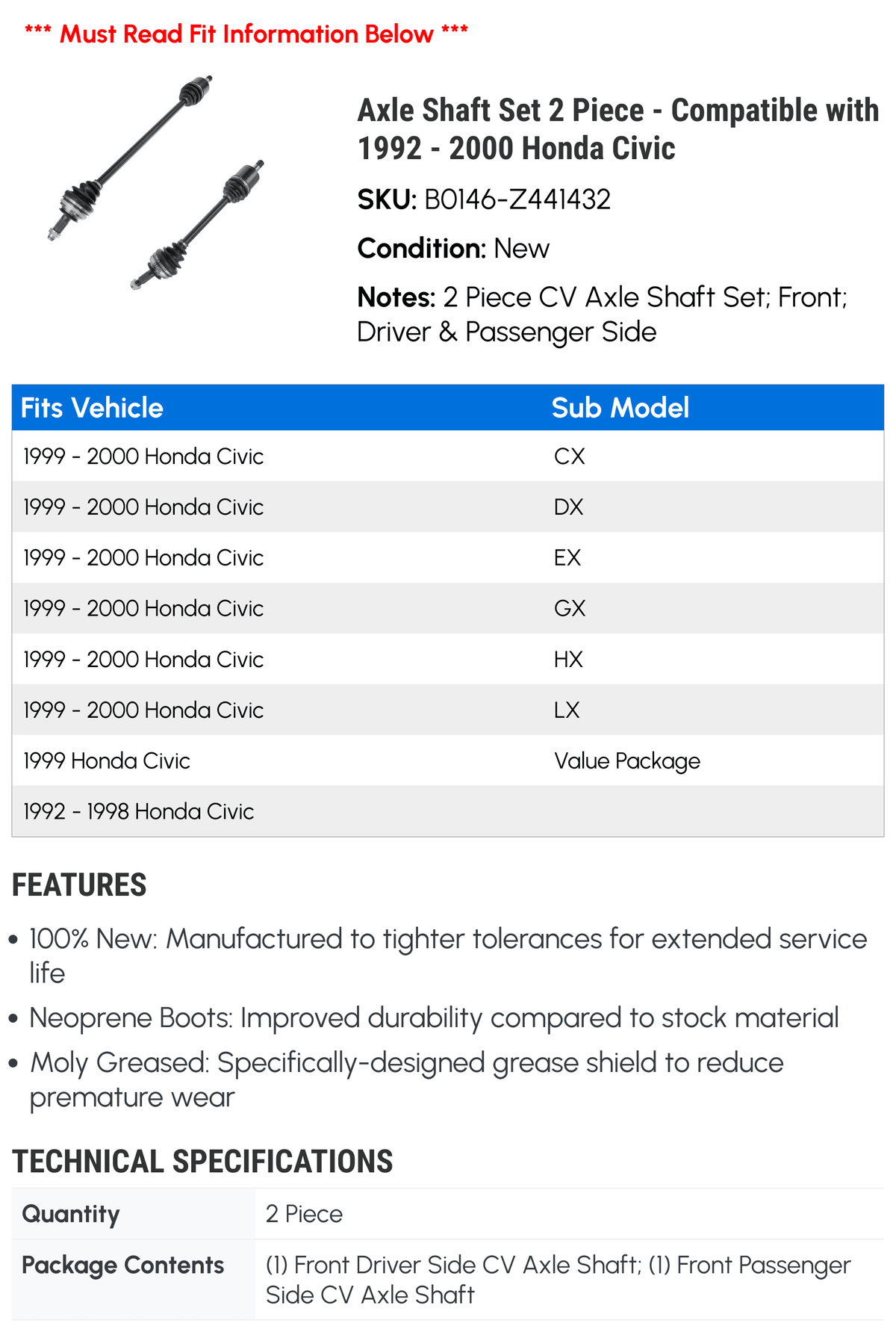 Axle Shaft Set 2 Piece - appropriate with 1992 - 2000 Honda Civic 1993 1994 1995 1996 1997 1998 1999