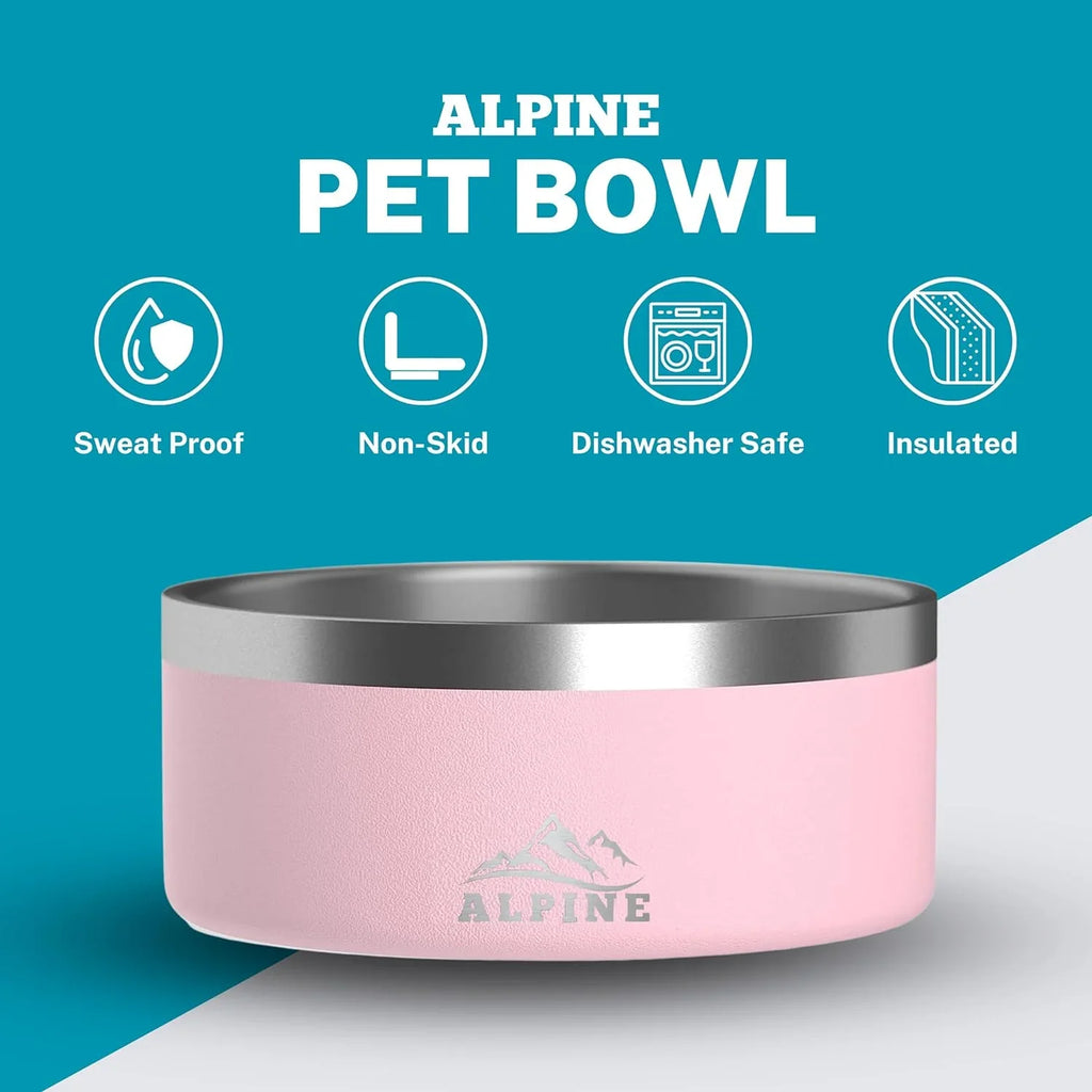 ALPINE Set of 2 Stainless Steel Dog Bowls, Non Slip, Metal Pet Bowl for Food and moisture, Double Walled Insulated, Rustproof, Dishwasher Safe (32 oz, Pink)