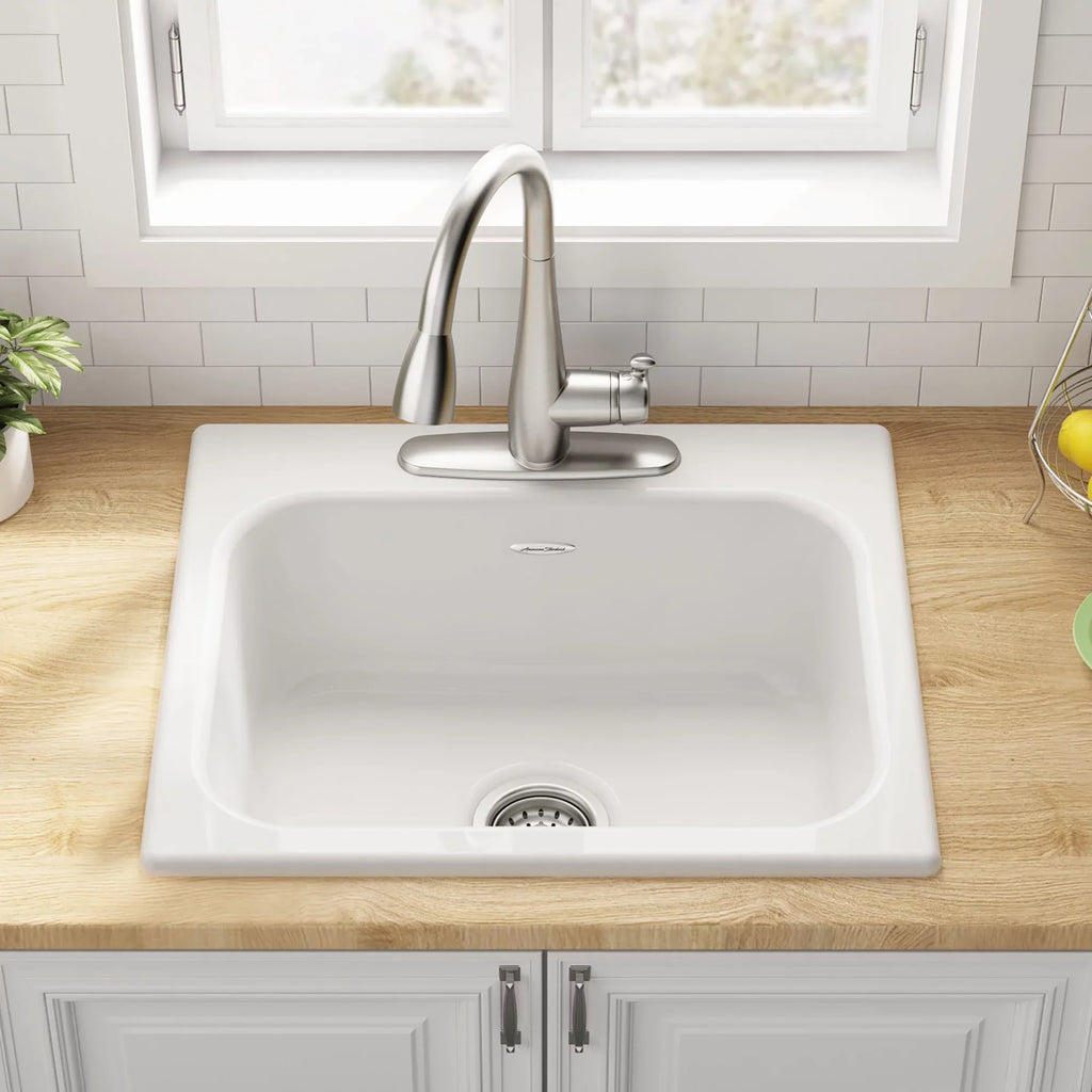 3-Hole Single Bowl Kitchen Sink in Brilliant White. American Standard Quince Drop-in Cast Iron 25 in