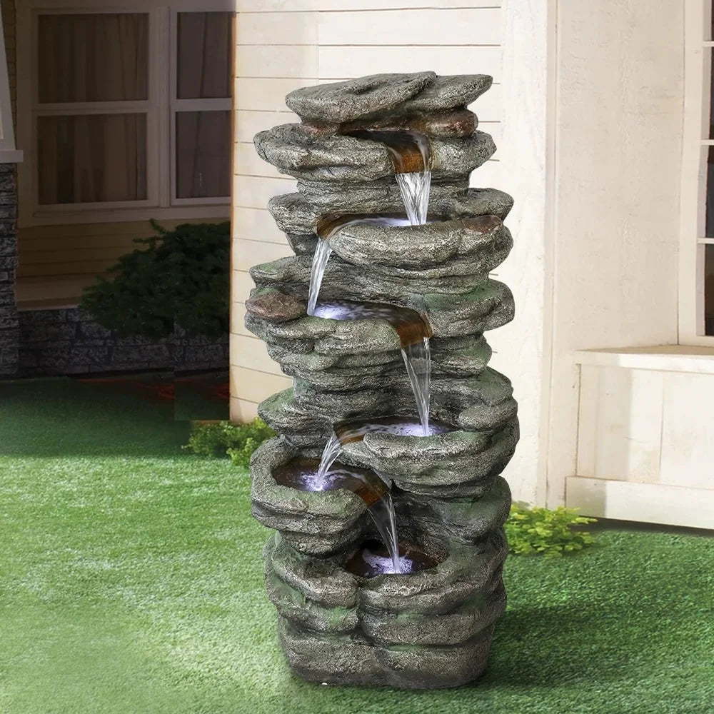 Meedzom 40''H aqua Fountain Outdoor Garden LED Lighted Floor Fountain Natural Polyresin Decor for Patio