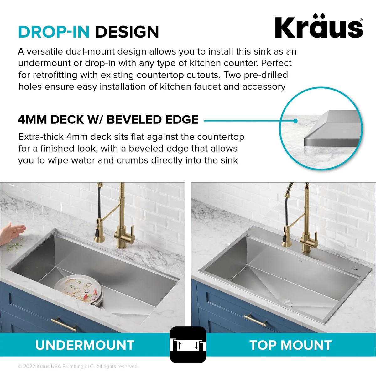 Drop-In / Undermount Workstation16 Gauge Stainless Steel Single Bowl Kitchen Sink with Accessories. Kraus Kore 33 in