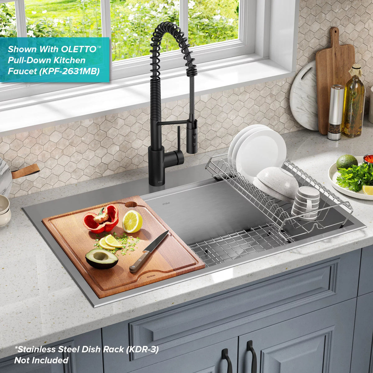 Drop-In / Undermount Workstation16 Gauge Stainless Steel Single Bowl Kitchen Sink with Accessories. Kraus Kore 33 in