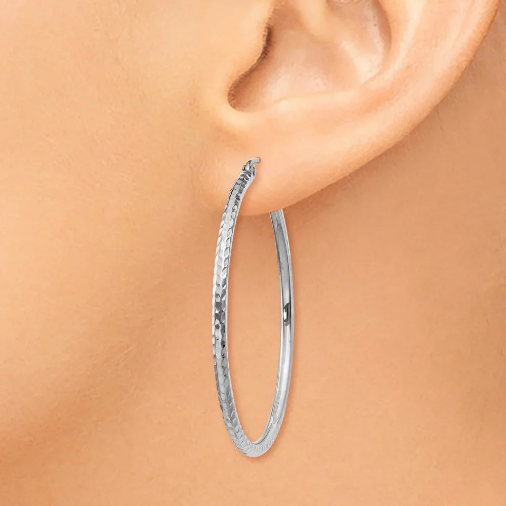 Real 14kt White Gold Diamond-cut 2mm Round Tube Hoop Earrings