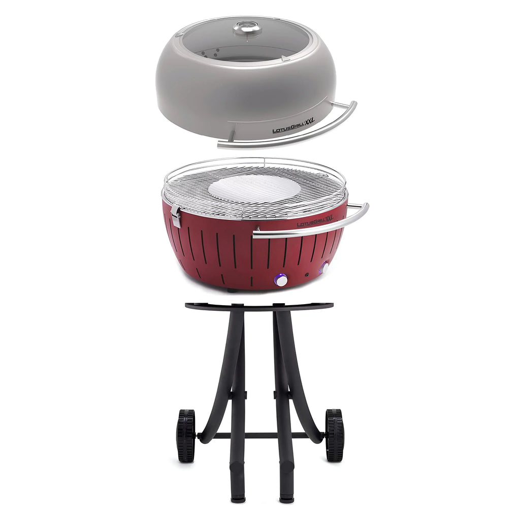 LotusGrill Smokeless Barbecue for Outdoor Dining with Glass Lid shield and Stand - Red