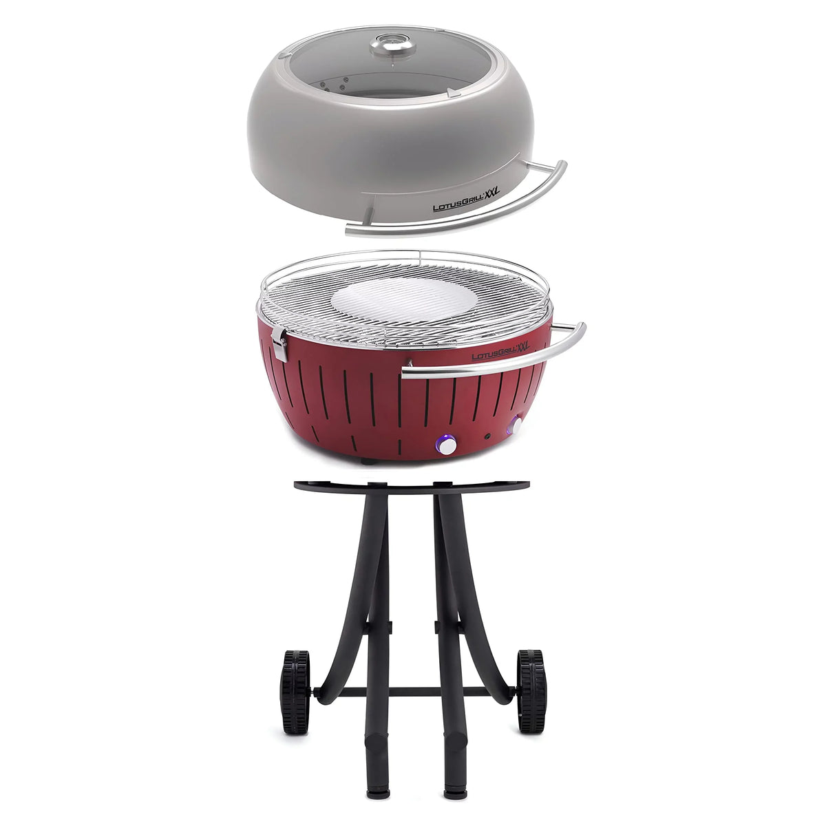 LotusGrill Smokeless Barbecue for Outdoor Dining with Glass Lid shield and Stand - Red