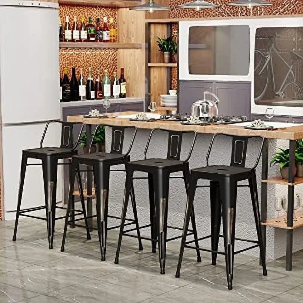 SPBOOMlife Metal  Stools Set of 4 Barstools Counter Height  Stools with Back Industrial  Stools Indoor Outdoor Kitchen Dining Chairs Modern  Chairs Distressed Navy Blue 24inch Stools