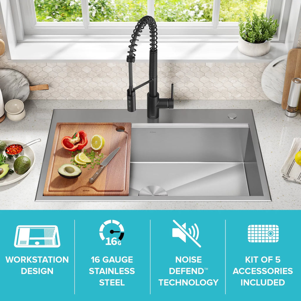 Drop-In / Undermount Workstation16 Gauge Stainless Steel Single Bowl Kitchen Sink with Accessories. Kraus Kore 33 in