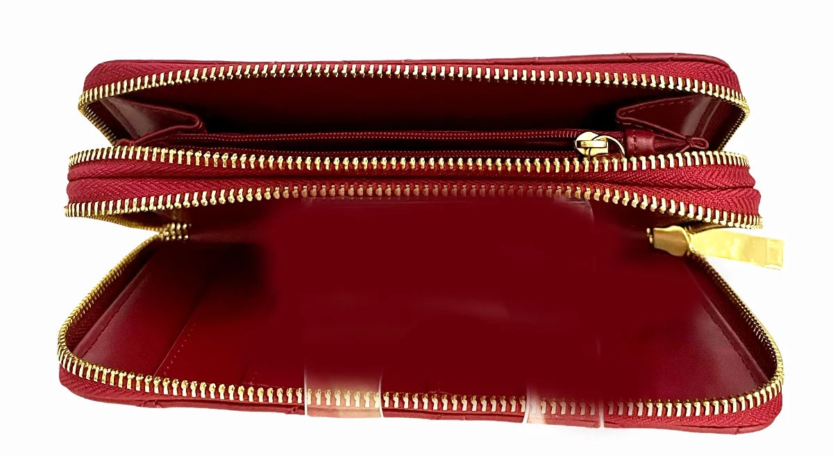 JOY & IMAN Leather  Quilted Wallet with 2 Wrap-Around Zippers RFID ~ Burgundy