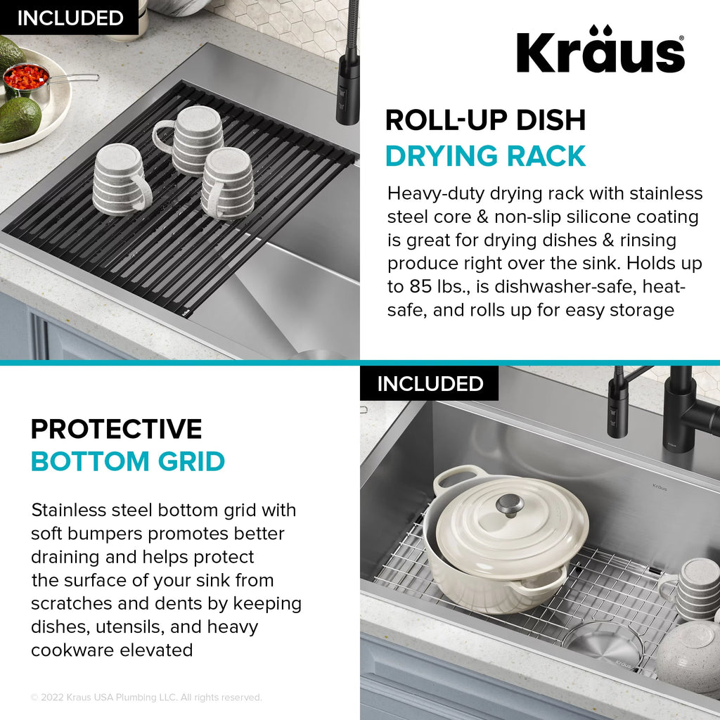 Drop-In / Undermount Workstation16 Gauge Stainless Steel Single Bowl Kitchen Sink with Accessories. Kraus Kore 33 in