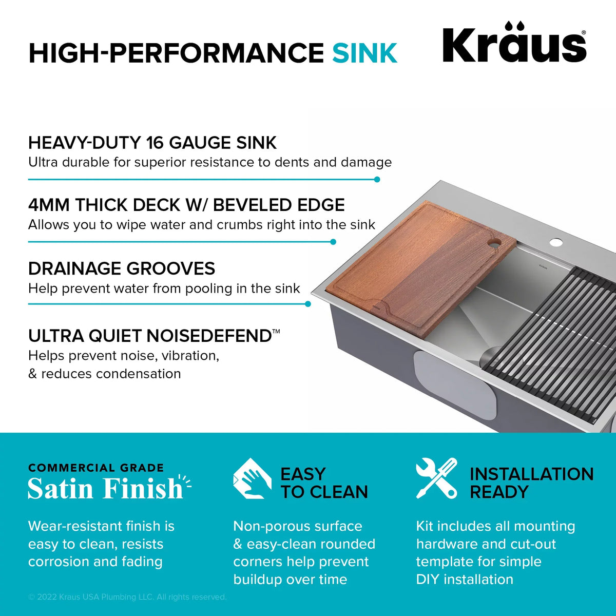Drop-In / Undermount Workstation16 Gauge Stainless Steel Single Bowl Kitchen Sink with Accessories. Kraus Kore 33 in