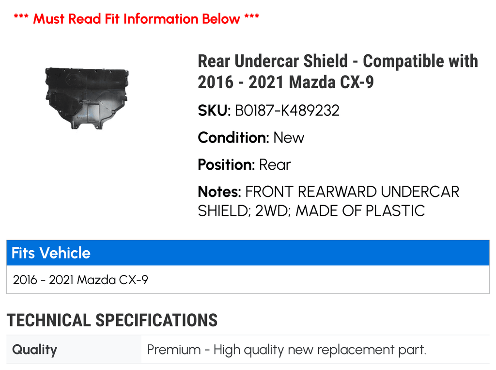 Rear Undercar Shield - appropriate with 2016 - 2021 Mazda CX-9 2017 2018 2019 2020