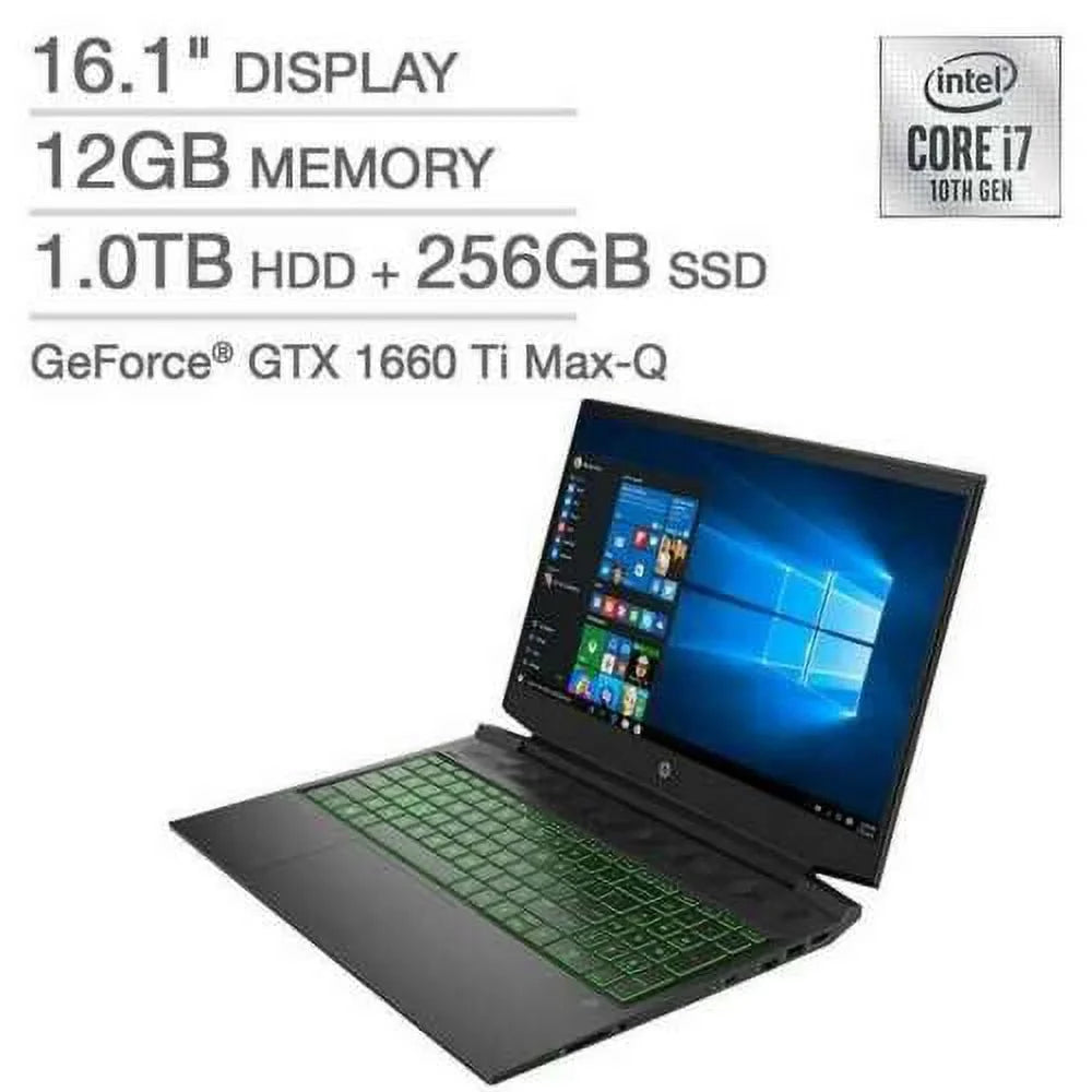 Pavilion 16-a0075cl 16.1" Non-touch  WLED-backlit IPS Anti-Glare FHD Gaming Laptop -  i7-10750H - 12GB DDR4 Memory - 1TB Hdd + 256gb SSD -  GeForce GTX 1660 Ti Max-Q - Backlit Keyboard - Windows 10