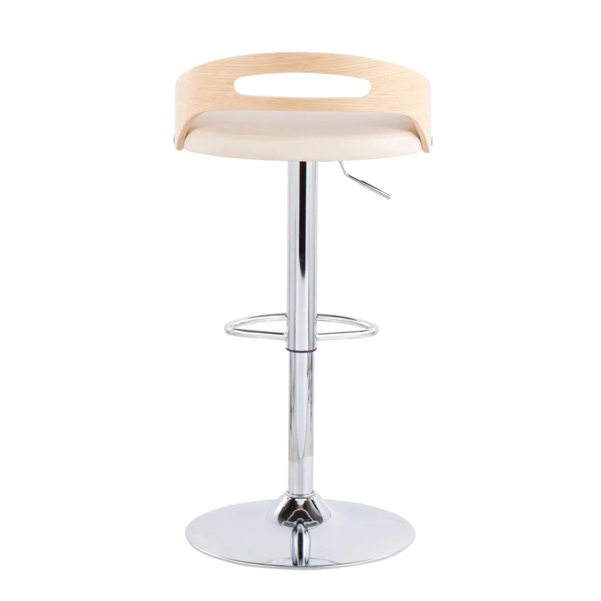 Cassis Mid-Century Modern Adjustable Barstool With Swivel In Natural Wood And Cream Faux Leather