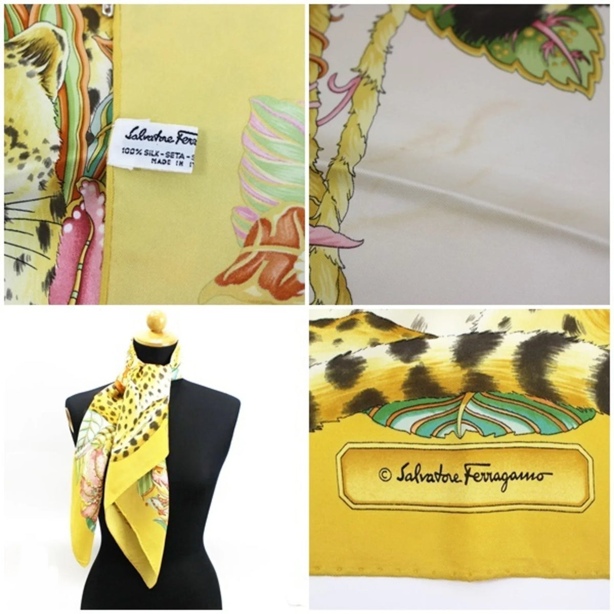 Pre-Owned Salvatore Ferragamo Silk Scarf Muffler Leopard Print Yellow Women's (Good)