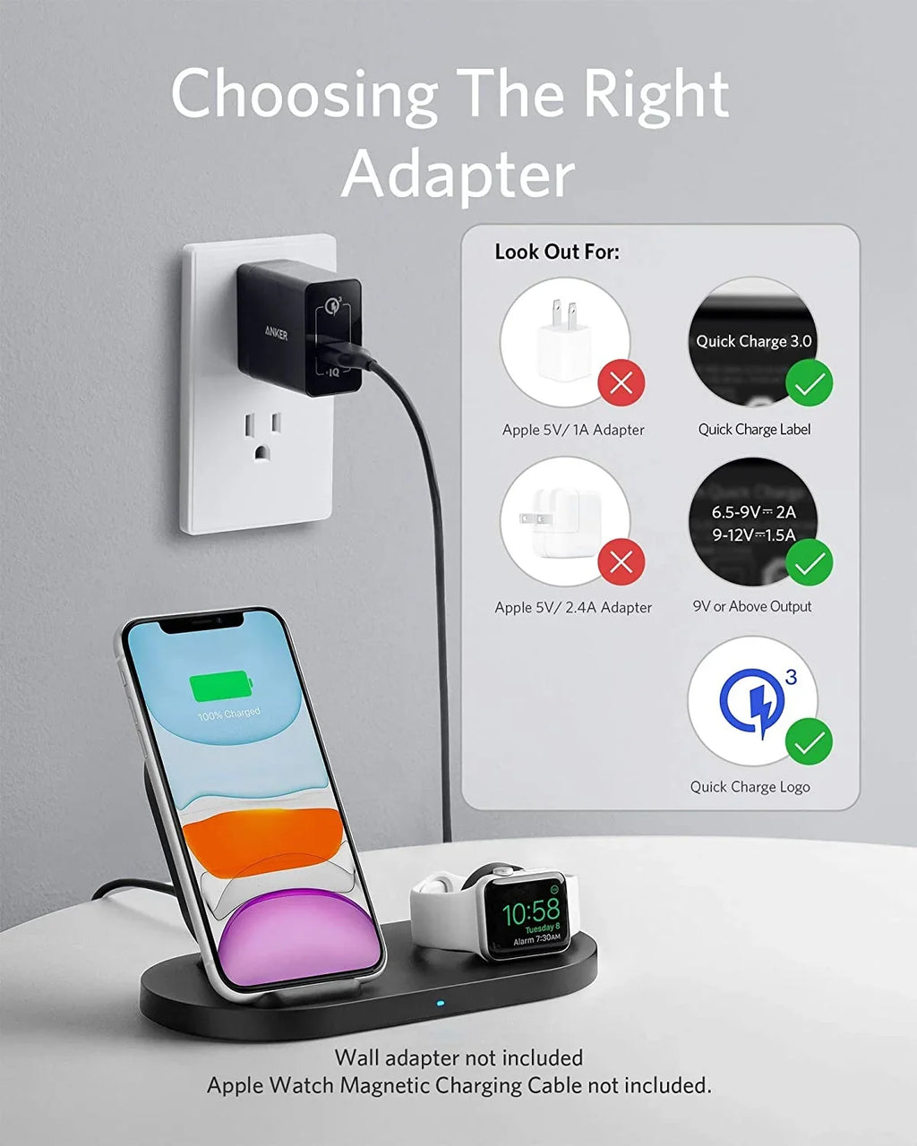 Anker Wireless Charging Station with QC Charger, PowerWave Sense 2-in-1 Stand with Watch Charging Holder for  Watch SE/6/5/4/3/2/1, iPhone SE 2020, 11, 11 Pro (Watch Charging Cable Not Included)