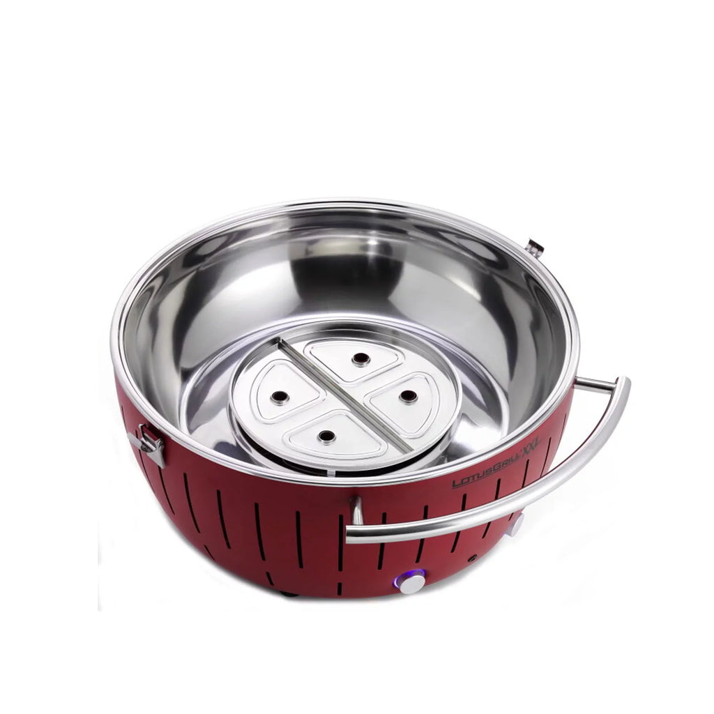 LotusGrill Smokeless Barbecue for Outdoor Dining with Glass Lid shield and Stand - Red