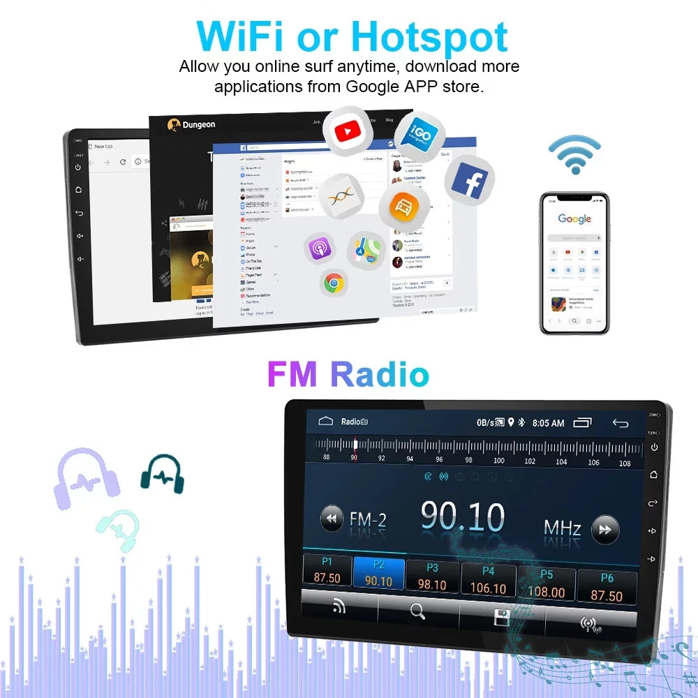 Podofo Double Din 10 inch Car Stereo 10.1 inch Android 11 Car MP5 Player HD Touch Screen Car Radio Bluetooth Mirror Link GPS with AHD Rear View Camera