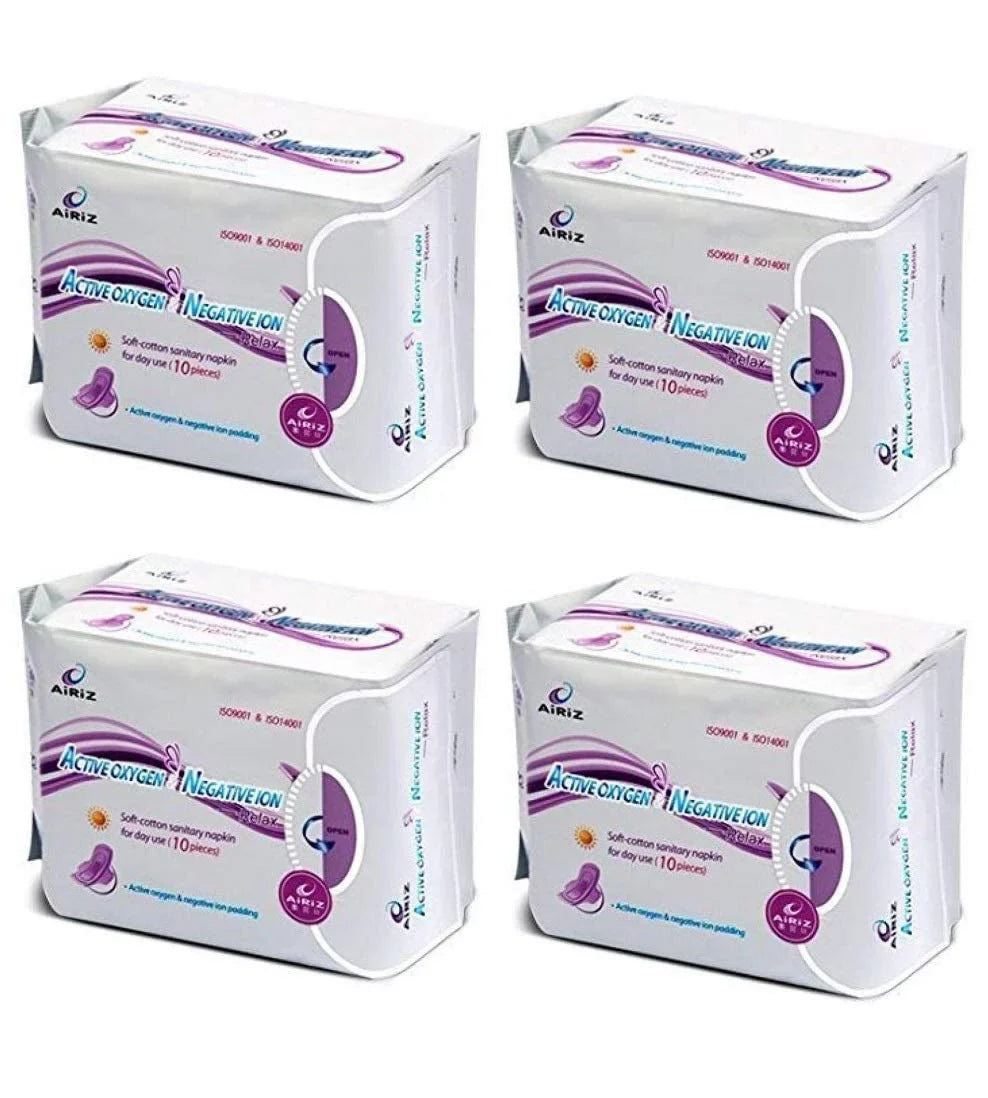 Airiz Active Oxygen & Negative Ion Relax Soft Cotton Sanitary Napkin For Day Use -(40 Pads In 4 Pack) Sanitary Napkin/Pad (Pack Of 4)
