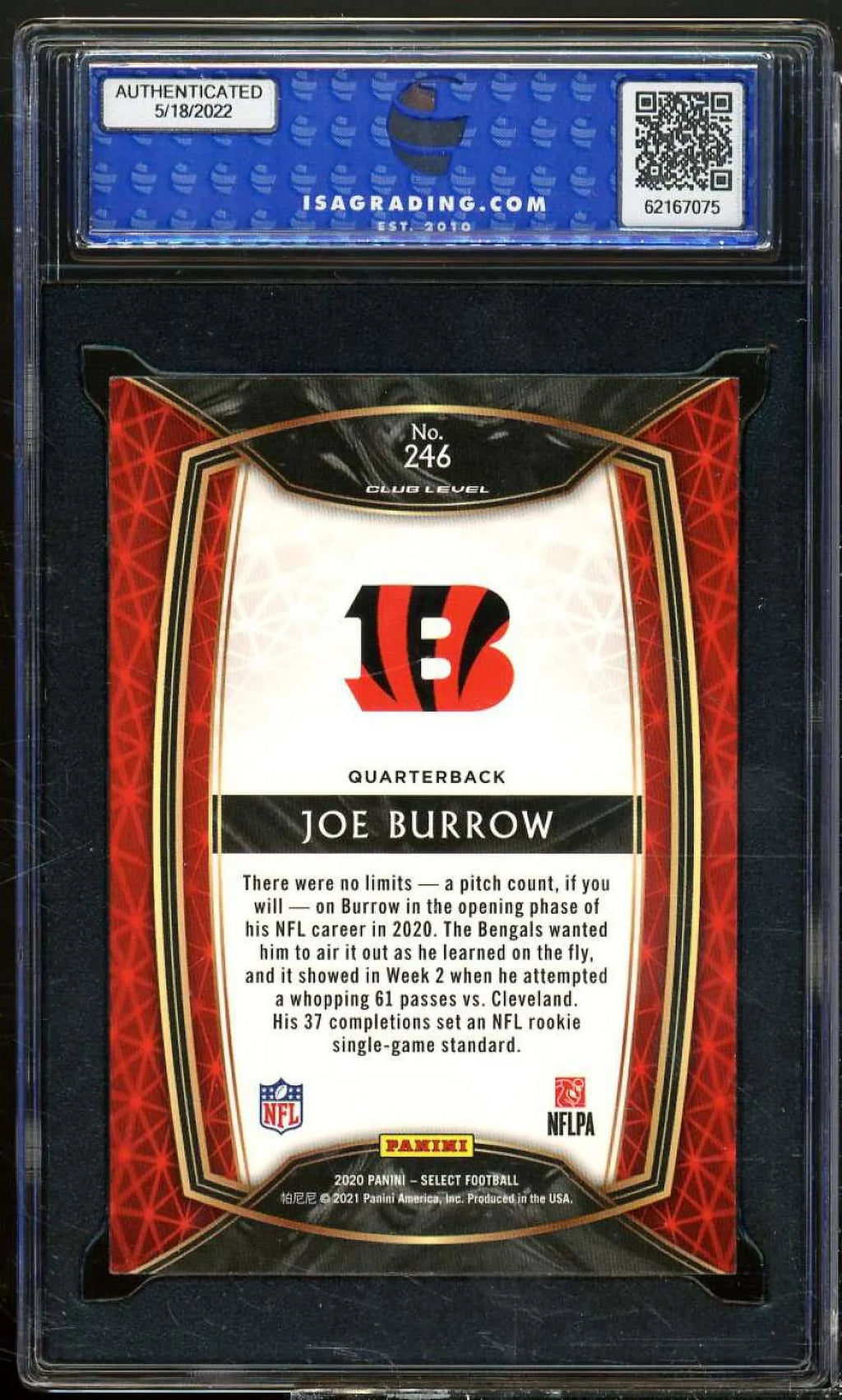 Joe Burrow Rookie Card 2020 Panini Select #246 ISA 10 GEM MINT