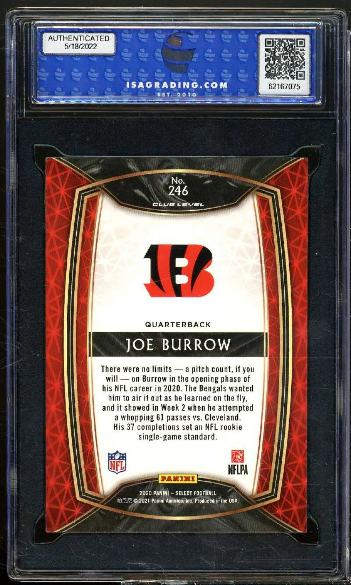 Joe Burrow Rookie Card 2020 Panini Select #246 ISA 10 GEM MINT