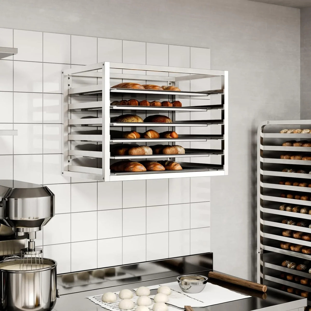 Fits 6 Full-Size Sheet Pans.. Wall Mounted Sheet/Bun Pan Rack - 28" x 18" x 21"