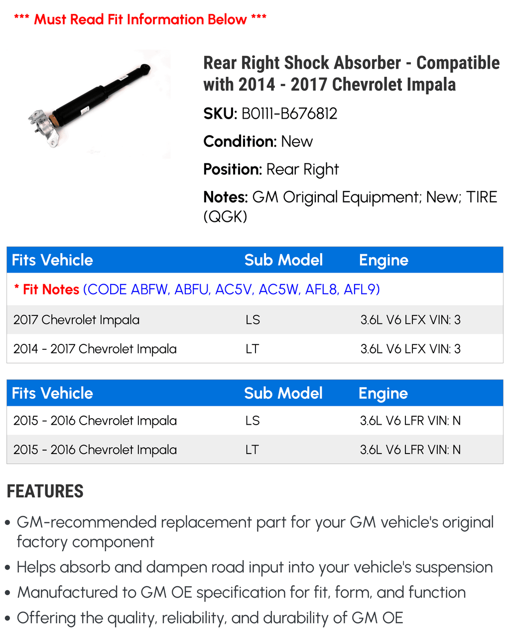 Rear Right Shock Absorber - matching with 2014 - 2017 Chevy Impala 2015 2016