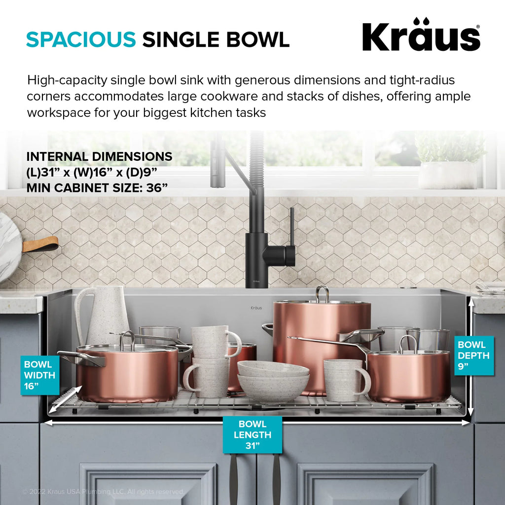 Drop-In / Undermount Workstation16 Gauge Stainless Steel Single Bowl Kitchen Sink with Accessories. Kraus Kore 33 in