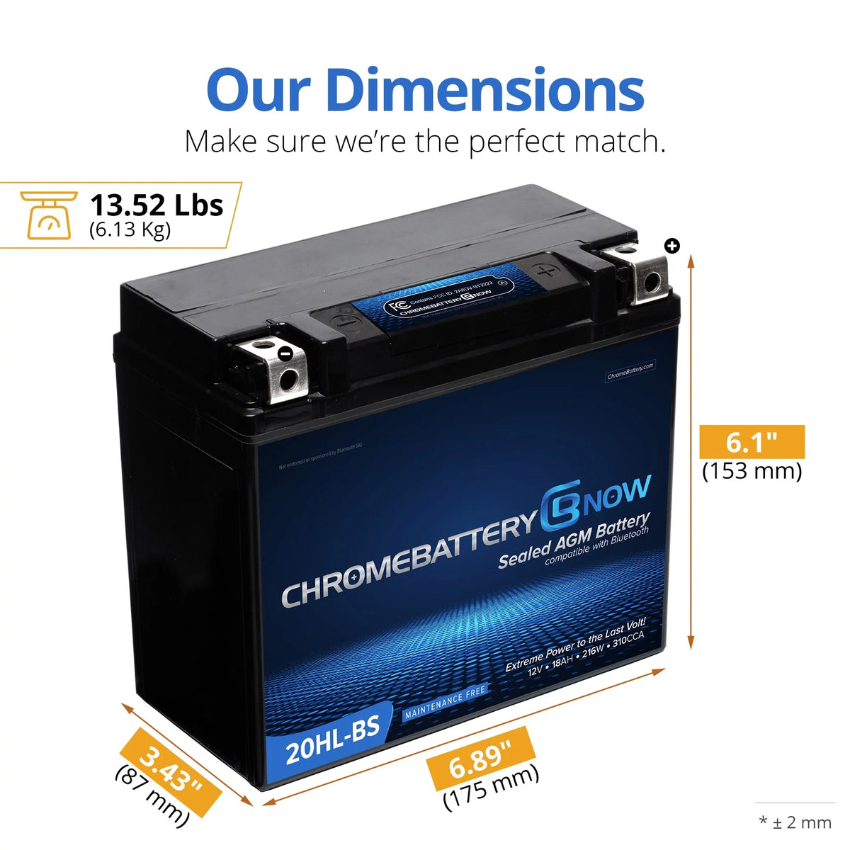 Chrome Battery Now Ytx20hl-bs (20hl-bs 12 Volt,18 Ah, 270 Cca) Intelligent Wireless Smartphone Connectivity AGM Battery for Personal Watercraft - Brp (sea-doo) 900 Gti 90 Years (2018 - 2020)