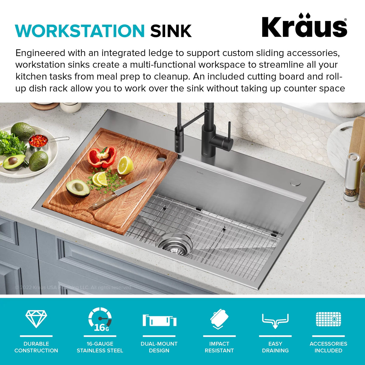 Drop-In / Undermount Workstation16 Gauge Stainless Steel Single Bowl Kitchen Sink with Accessories. Kraus Kore 33 in