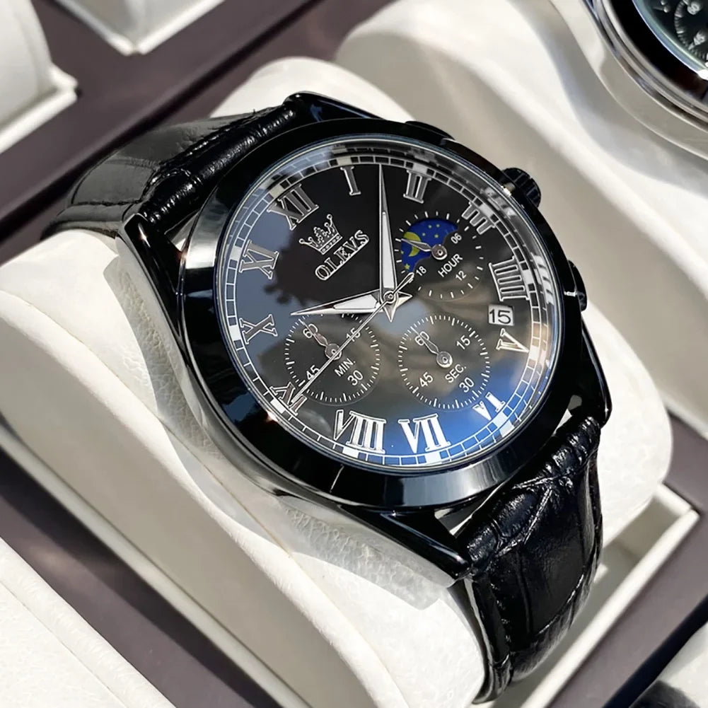 OLEVS Chronograph Watches for Men Luxury Classic Business Sports Mens Watches with Waterproof Luminous Analog Quartz Leather Strap Reloj, Male Wristwatch